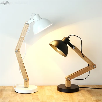 

JW American Country Wood Wrought Iron Rotatable Table Lamp Wood Art Fold Table Lamp for Bedroom Light Study Lighting Decoration