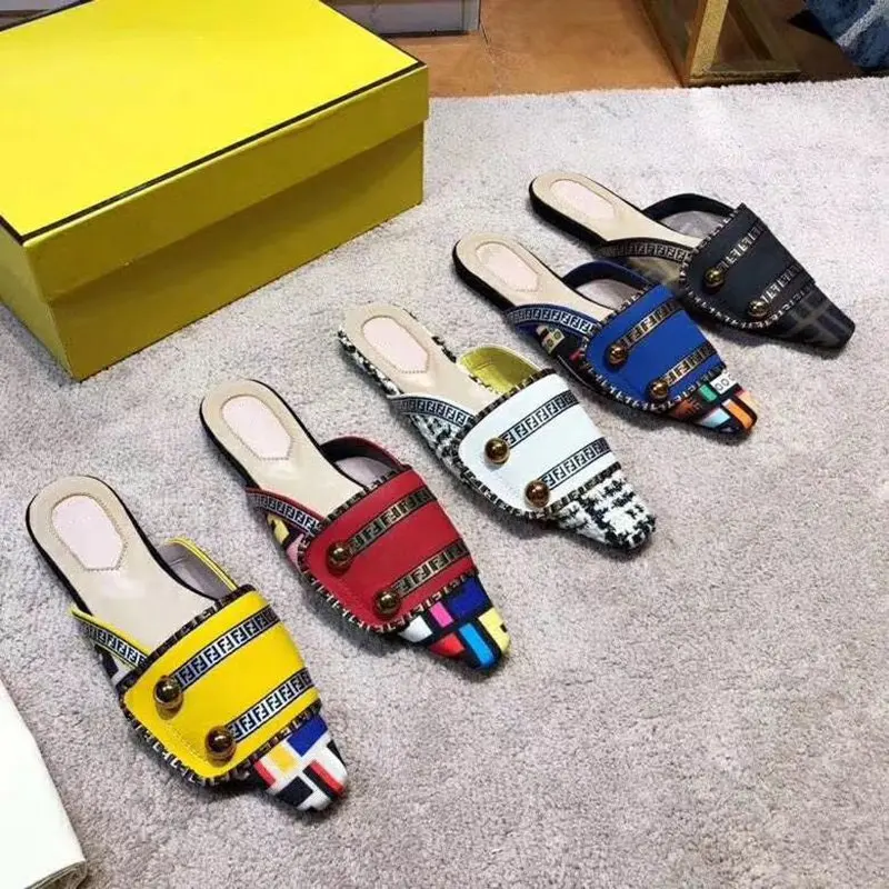 

19SS Gold Metal Buttons Printed Leather Ladies Half Slippers Sexy Square Toe Mules Outside Soft Flats Shallow Casual Woman Shoes