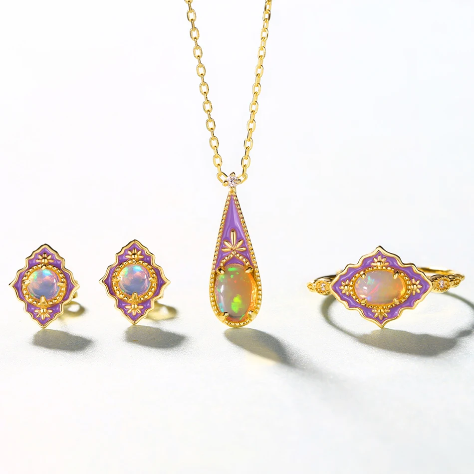 ALLNOEL Real Opal Enamel Jewelry Set Natural Gemstone Luxury Pendants Necklace Stud Earrings Rings 925 Sterling Silver Jewellry (11)