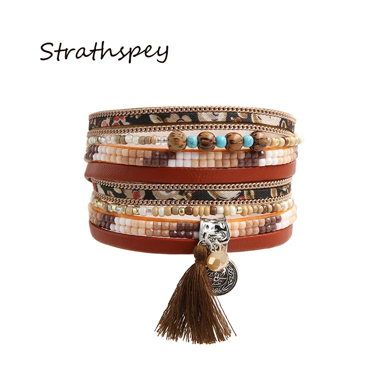 STRATHSPEY Bracelet PU Bracelets &Bangles For Women Pulseira Multi Rows Resin Flora Print Fabric And Beads Tassel Wrap Bracelet