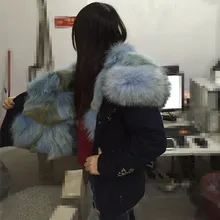 Толстая теплая куртка с воротником из волчьего меха, светло-голубая подкладка из натурального волчьего меха, темно-синяя парка с отделкой бисером, жакет из меха