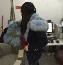 Thick Warm Wolf fur collar light blue lining real wolf fur lined dark blue parka beading Mrs furs jacket