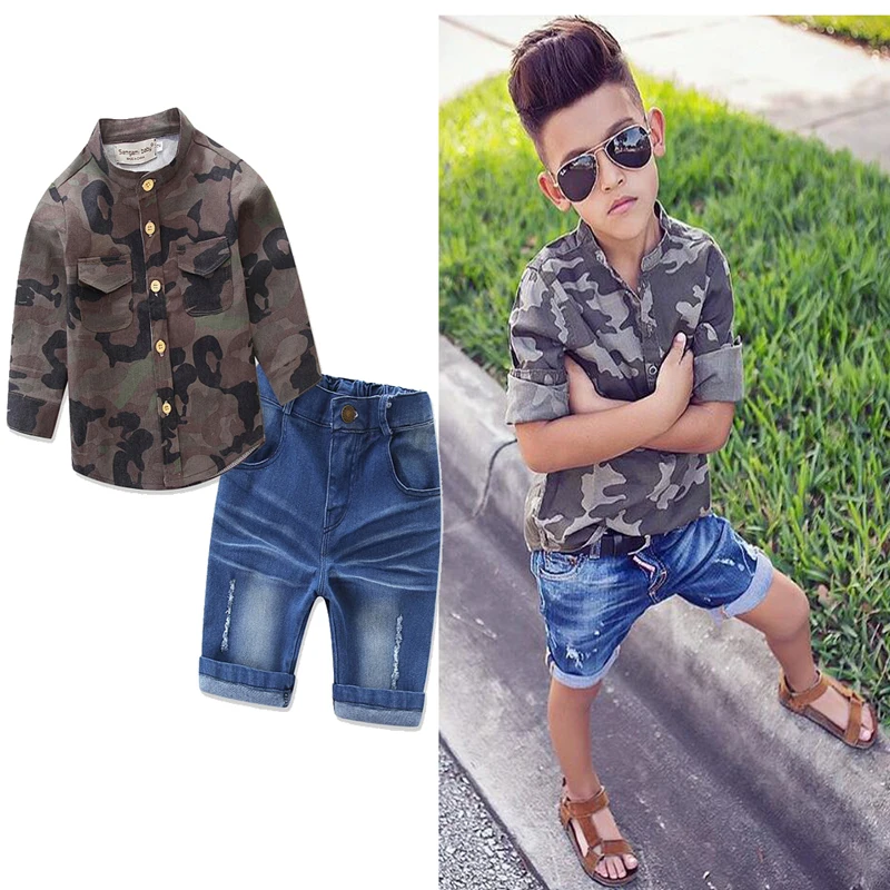 Детская одежда для весны и осени комплект детская одежда с длинными рукавами камуфляжные, для мальчика, футболка+ джинсовые шорты комплект одежды из 2 предметов