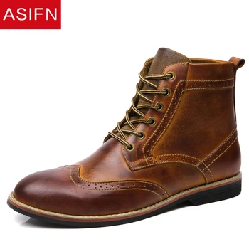

ASIFN Mens Leather Boots Tone Genuine Leather Shoes Casual Male Brogue Autumn Winter Ankle Formal Dress Oxford Desert Boots Man