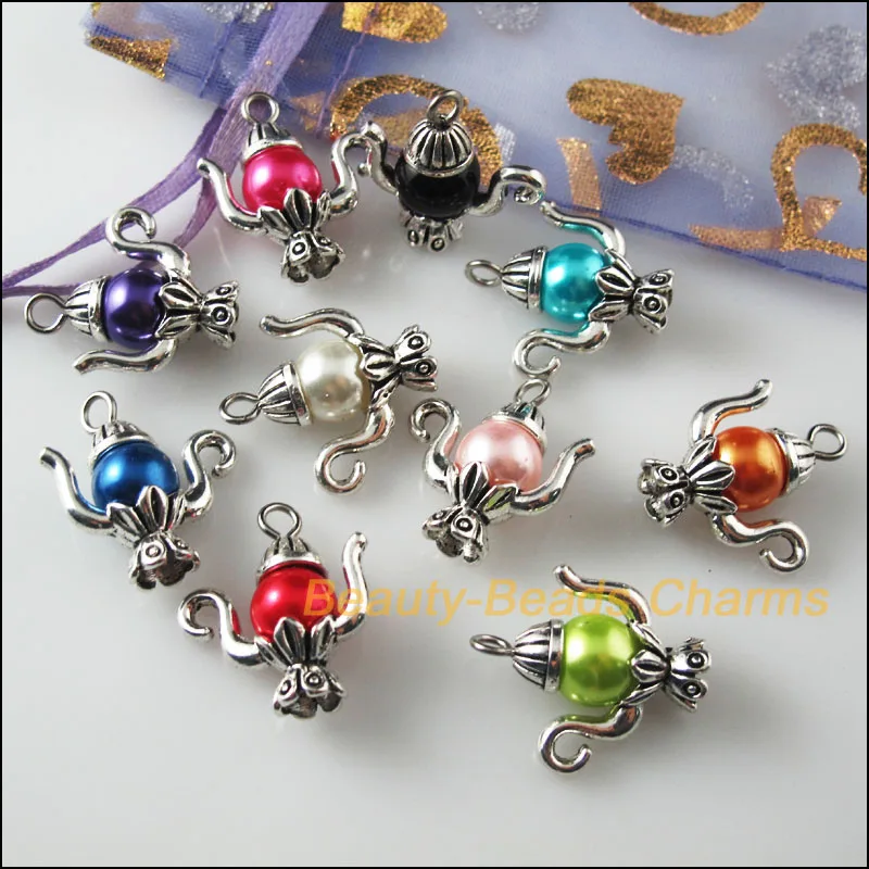 

New 10Pcs Tibetan Silver Aladdin God Lamp Mixed Glass Charms Pendants 19x20mm