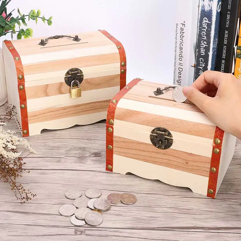New 1PC Retro Wooden Piggy Bank Safe Metal Lock Money Saving Case Natural Wood Line Handmade Money Storage key Box Drop Shipping