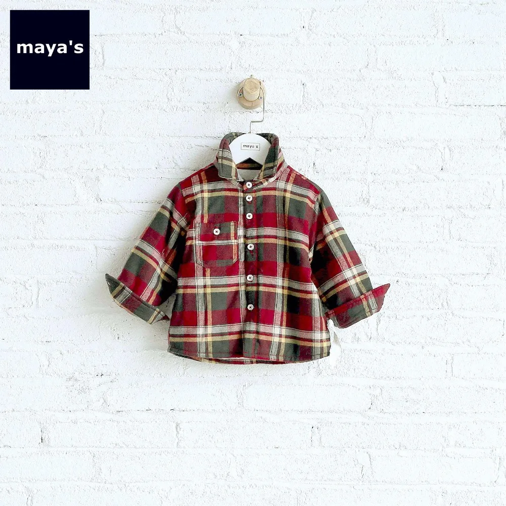 

Mayas Boys Plaid Fleece Cotton Red Shirt Children Full Sleeves Soft Button Shirts Toddler New Spring Autumn Basic Tops 75189