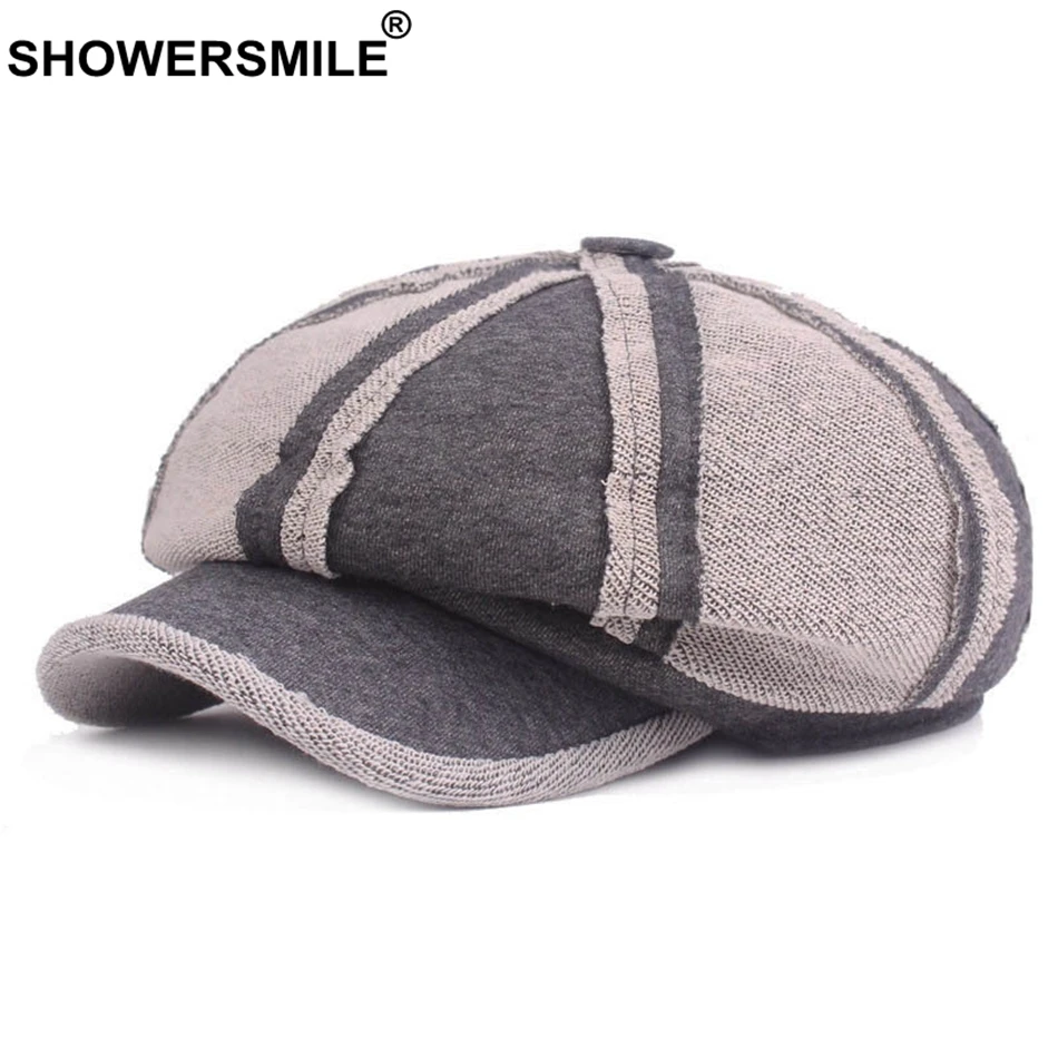 SHOWERSMILE Patchwork Newsboy Caps Women Grey Cotton Vintage Octagonal Cap Female British