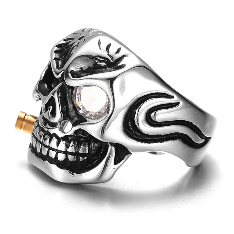 ZRM Fashion Gold Smoking Pipe Biker Men's Rings Rock Punk Skull