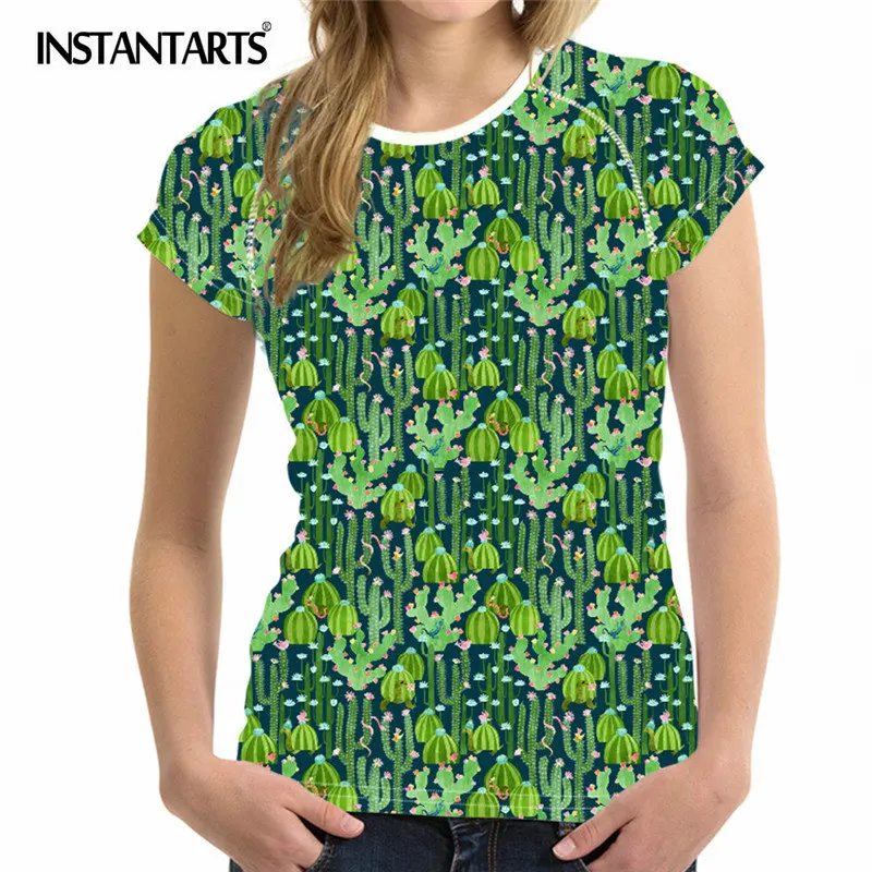 

INSTANTARTS Cactus Prints Women Casual T Shirt Fashion Round Neck Tee Shirt Brand Clothing Short Sleeve Tops Shirts Girls Ladies