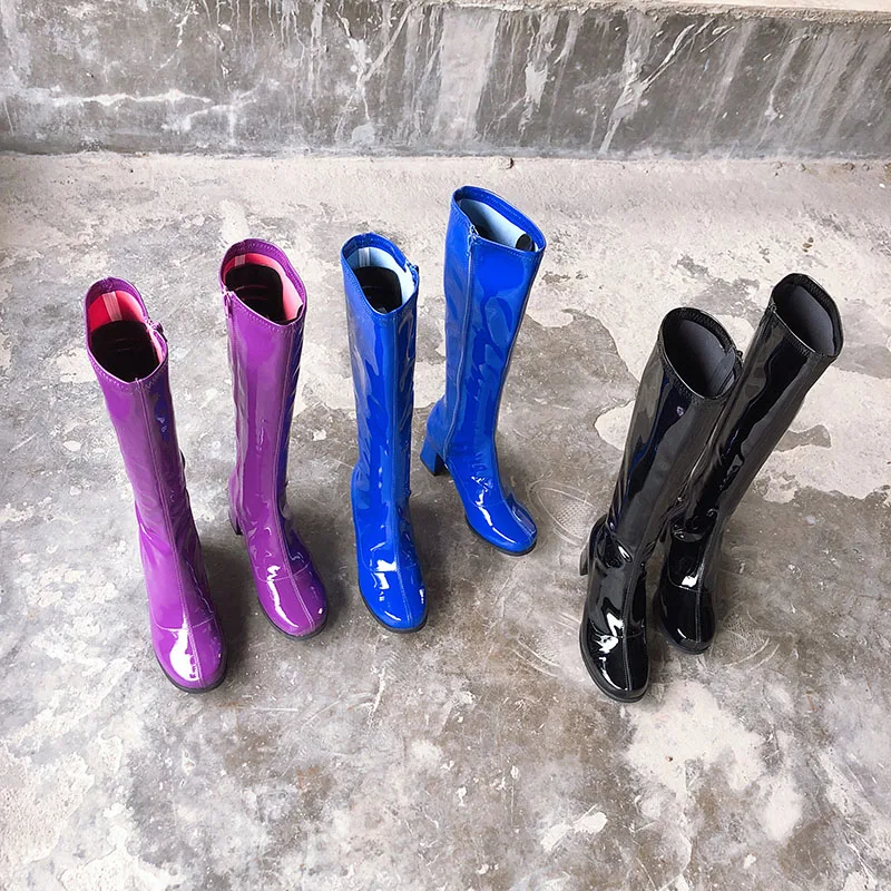 

Spring and autumn new European and American patent leather high heel boots trend color fashion comfortable women's boots.