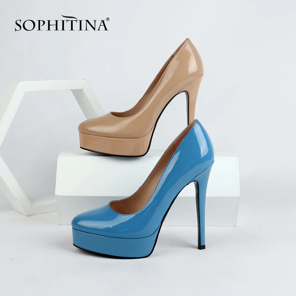 SOPHITINA Fashion Waterproof Platform Pumps Special High Quality Patent Leather Women's Shoes Super High Thin Heel Pumps PC147