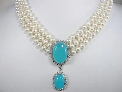 

Free Shipping>>new hot 2015 New! 3Row 6-7mm White Freshwater Cultured Pearl Pendant Necklace 18-20'