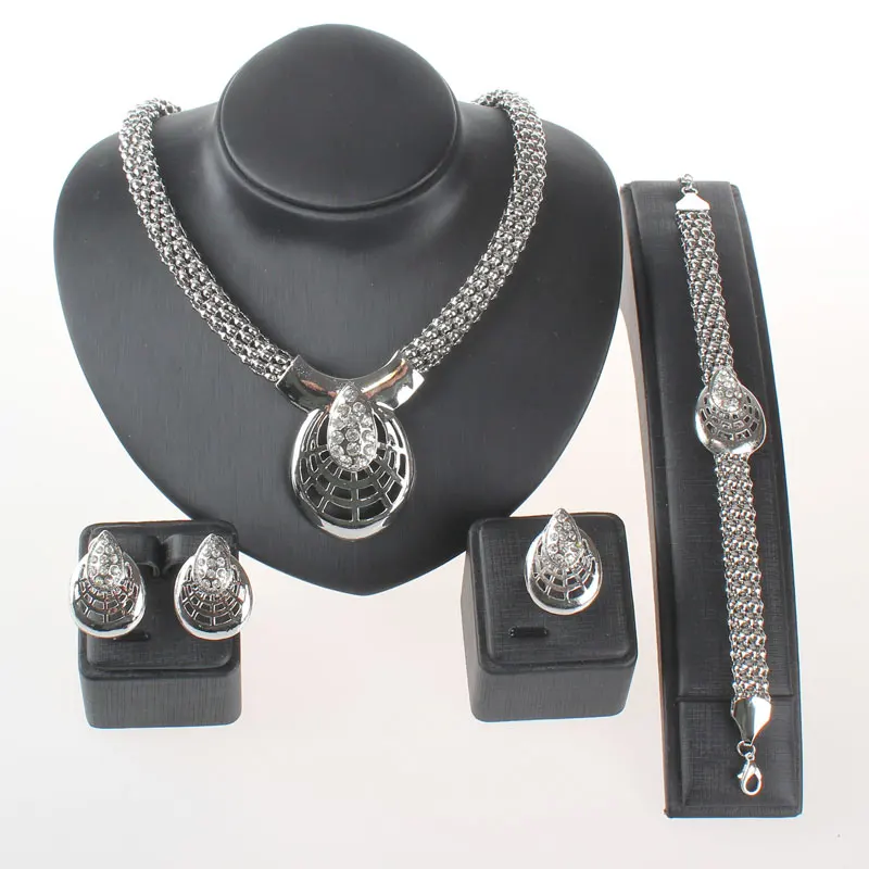 

Jewelry Set For Women Silver Plated Beads Collar Necklace Earrings Bracelet Fine Rings Sets Party Costume Latest Fashion Trendy