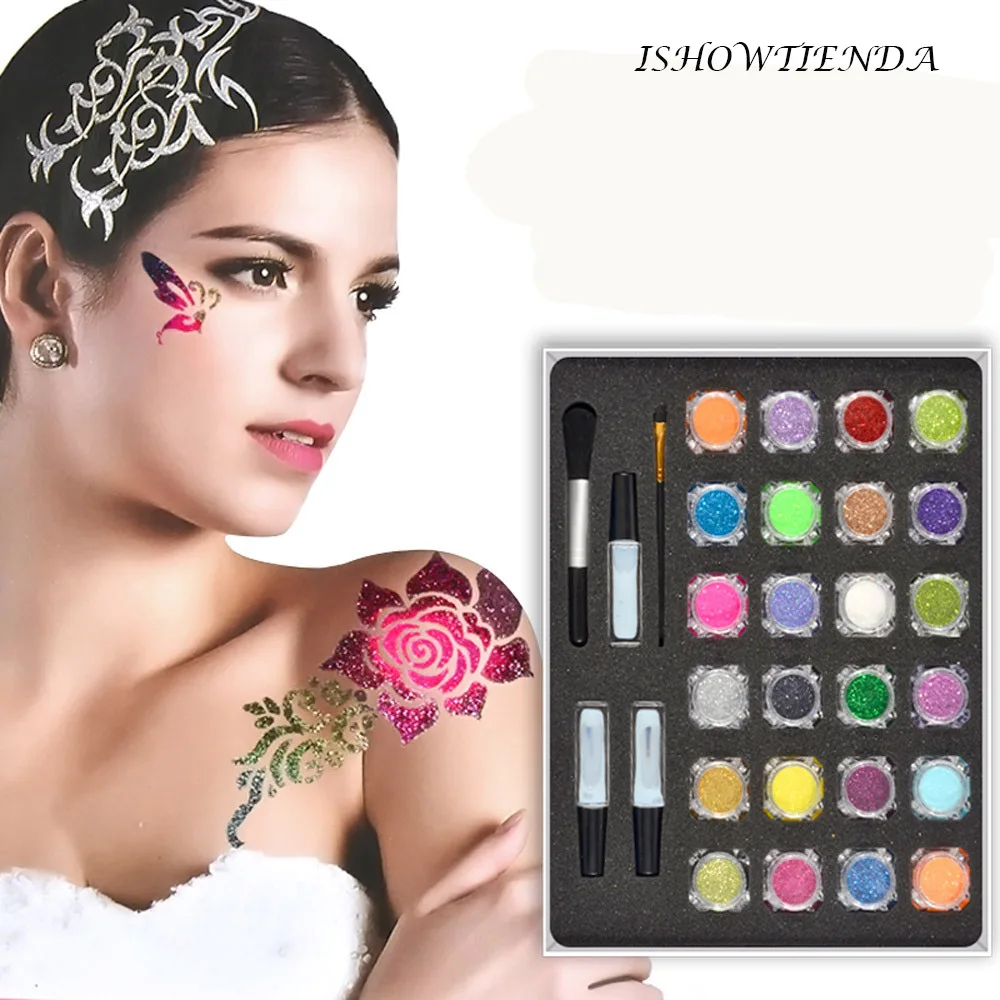 

3D Colorful Waterproof Pattern Painted Diamond Glitter Tattoo Powder Temporary body painting Kit Brushes Glue Tattoo Stencils#10