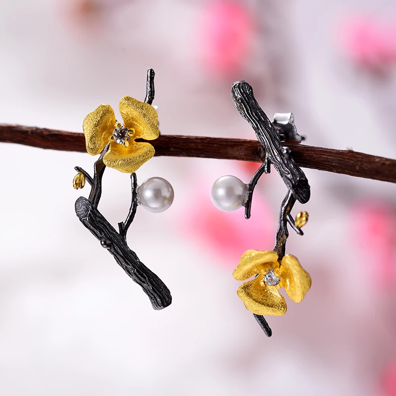 Женские серьги-подвески «Цветок сливы» Lotus Fun, изящное дизайнерское ювелирное изделие ручного изготовления из настоящего серебра 925 пробы