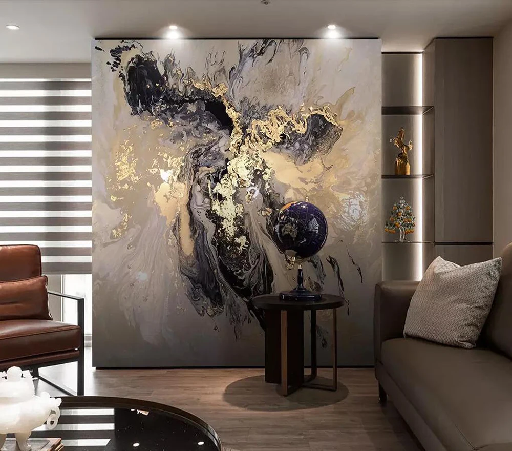 Beste Chinese Abstracte Custom Golden Geel Landschap Artistieke Stemming Splash Inkt Muurschildering Behang Achtergrond Muur Decoratie