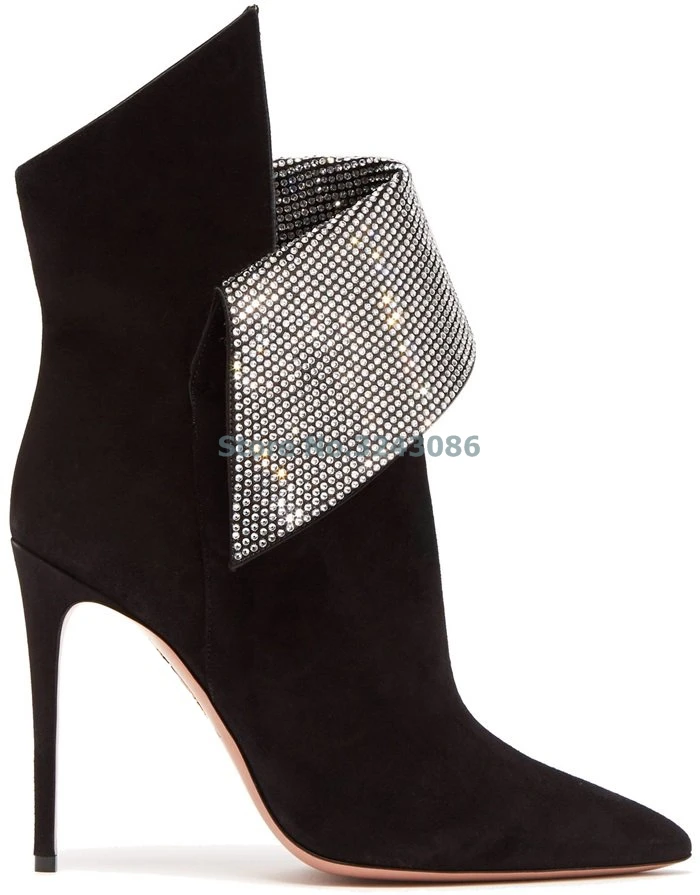Kopen Nieuwe Aankomst Fasion Puntschoen Suede Dunne Hoge Hak Enkellaars Zwart Omgedraaid Rand Shining Crystal Vrouwen Laarzen