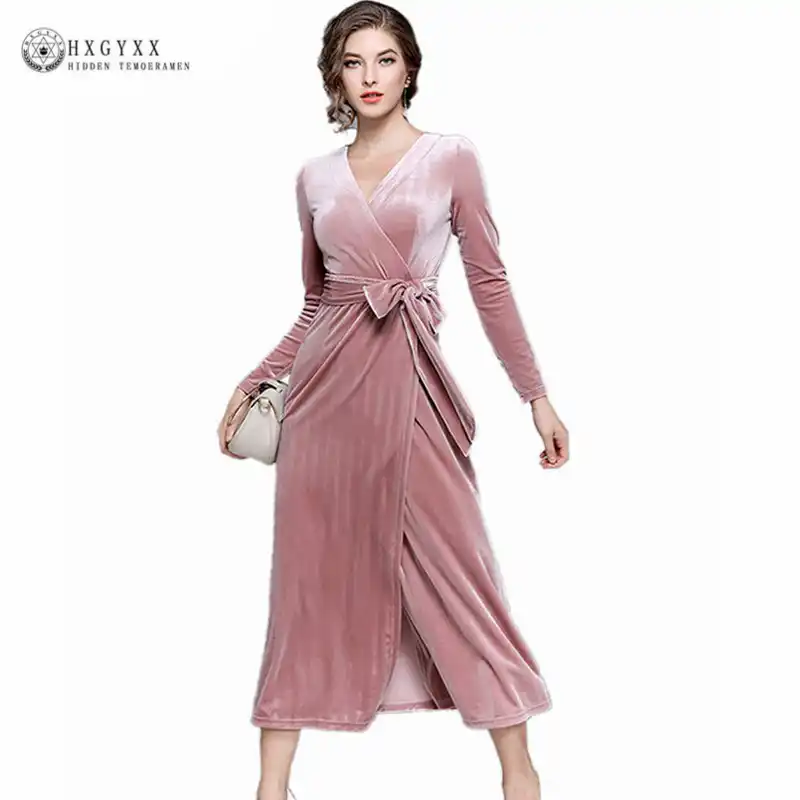 pink velvet long sleeve dress