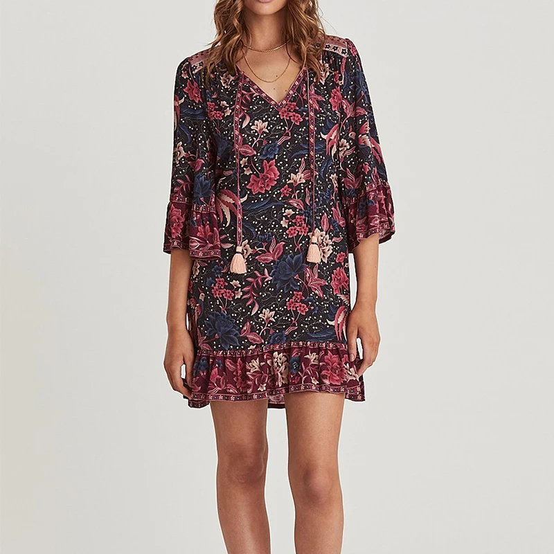 

OMIKRON Woman Simple Cotton Dress Floral Overlay Print Dress Female Tassel Sashes Autumn Vintage Flare Sleeve Loose Mini Dress