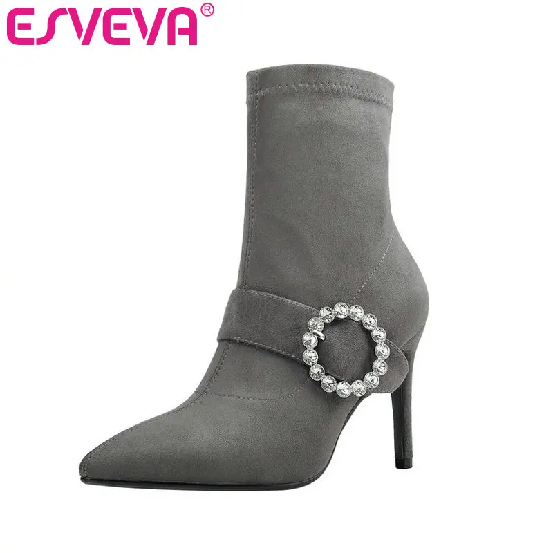 

ESVEVA 2020 Women Shoes Winter Ankle Boots Flock+pu Thin High Heel Slip On Crystal Motorcycle Platform Boots Size 34-39