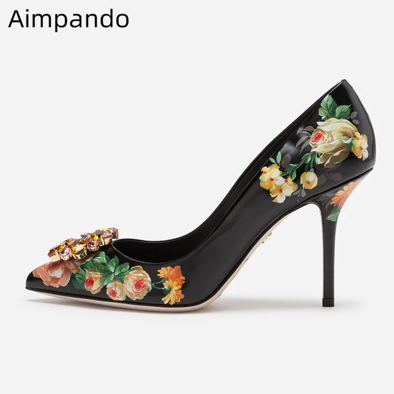 

Luxury Printed Rose Bridal Wedding Shoes Woman 10cm High Heels Pointed Toe Rhinestone Fairy Painted Flower Women Pumps
