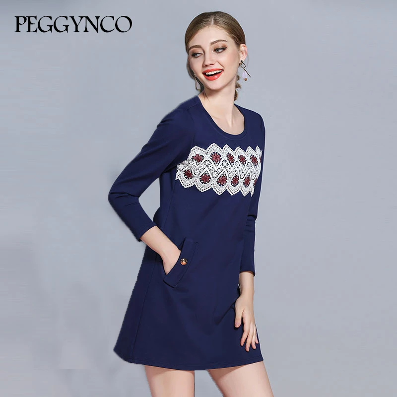 PEGGYNCO L 5XL Элегантные Синие женские платья больших размеров осень o образным