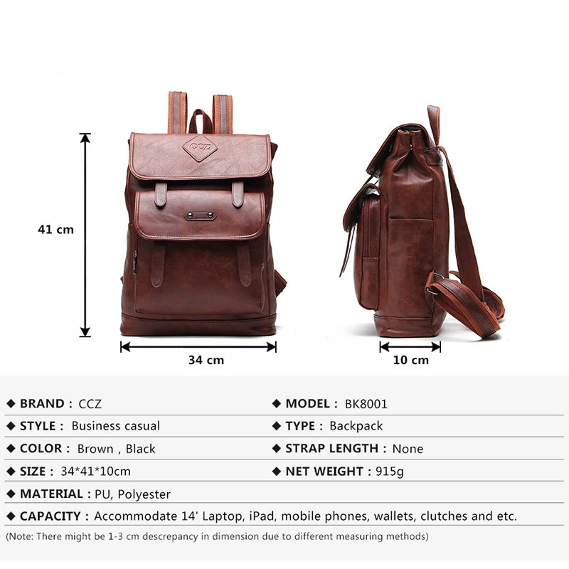 CCZ 2018 moda mochilas para hombres las mujeres Mochila de cuero de la PU DE LA ESCUELA bolsa de ordenador portátil de Mochila BK8001