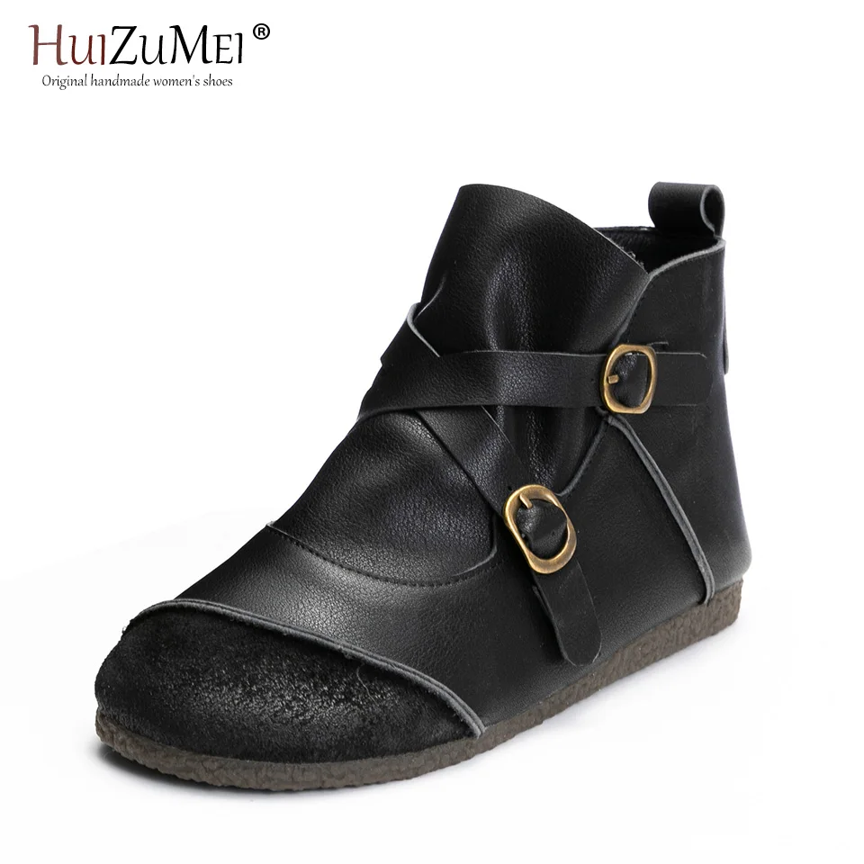 

HUIZUMEI 2019 Lady's Leather Boot Warm Shoes Autumn And Winter New Martin Boots Retro And Original Hand-made Leather Shoes