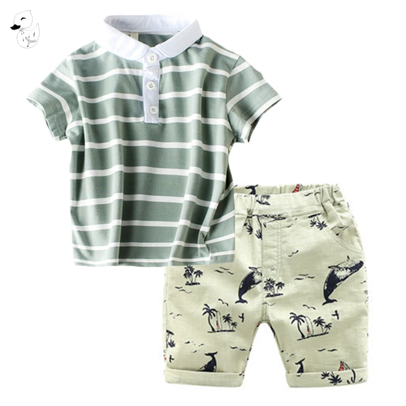 

BINIDUCKLING Cotton Boys Clothing Summer Children's Sets Fashion Striped Clothes Kids Boy Pullover T-shit+Pants Child Shorts