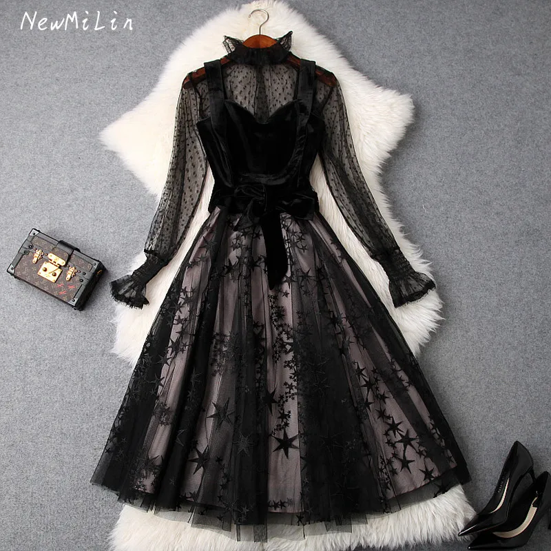 

Hot Sale Elegant Celebrity See-Through Full Gothic Dress Sexy Women Party Lace Lantern Sleeve Turtleneck Body Con Black Dresses