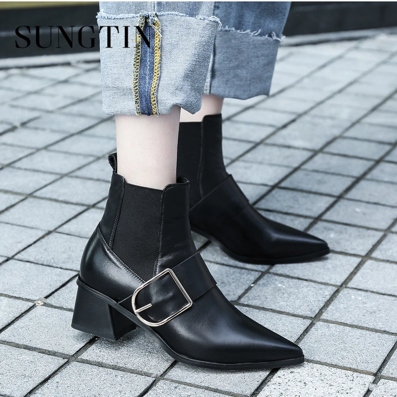 

Sungtin High Quality Genuine Leather Pointed Toe Chelsea Boots Women Mid Heel Ankle Boots Autumn New Short Boots Ladies Booties
