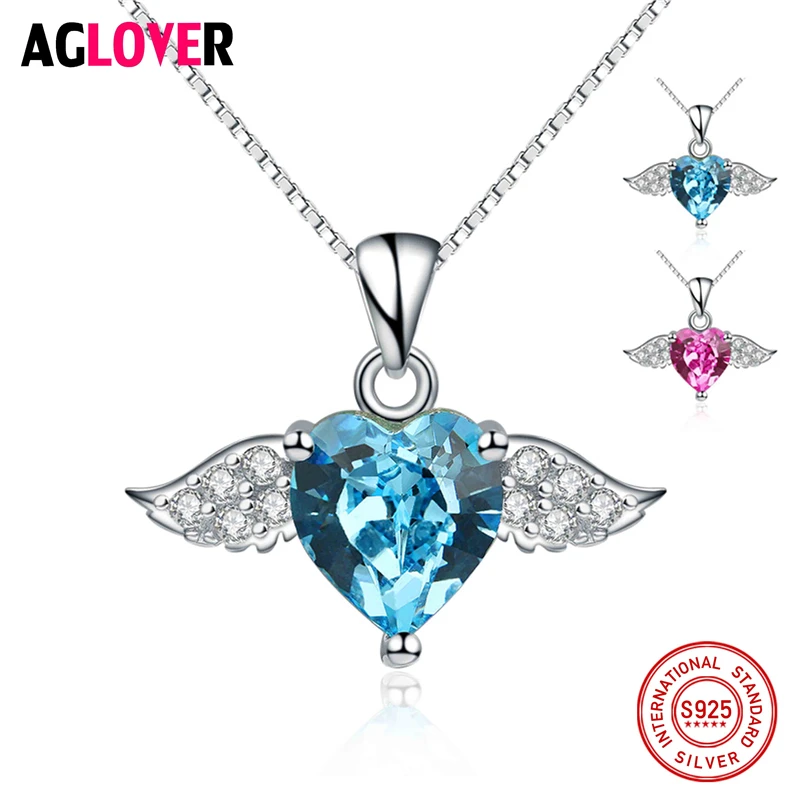 

Austrian Crystal 100% Genuine 925 Sterling Silver Necklace Angel Love Of Wings Jewelry Heart Pendant Necklaces For Woman