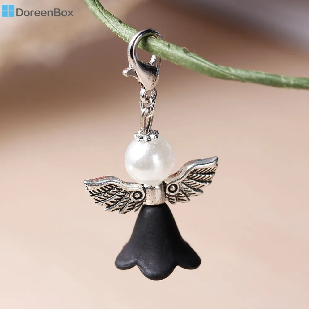 

Doreen Box Guardian Angel Wing Charms For Vintage Bracelets Flower Black With White Acrylic Beads 38x22mm,10 PCs new
