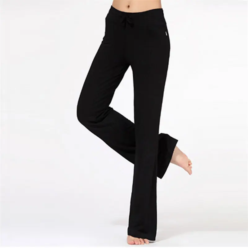 Широкие спортивные брюки женские с высокой талией тянущаяся повязка расклешенные брюки Широкие штаны для танцев и йоги длинные брюки - Цвет: Черный