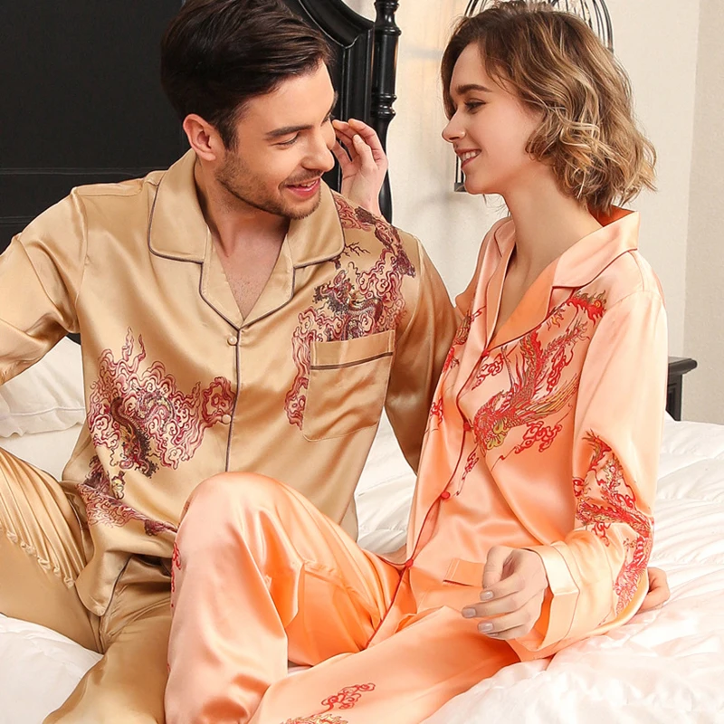 Real Silk Pajama Female Longsleeve Silkworm Silk Couple Marry High Quality Printed Silk