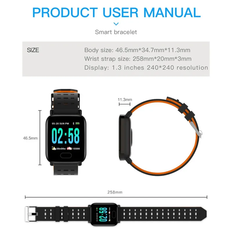 A6, 1,3 дюймов, умный Браслет, в режиме реального времени, измеряет кровяное давление, пульсометр, счетчик шагов, спортивные часы, IP 67, водонепроницаемые, Leve, долгий срок службы батареи