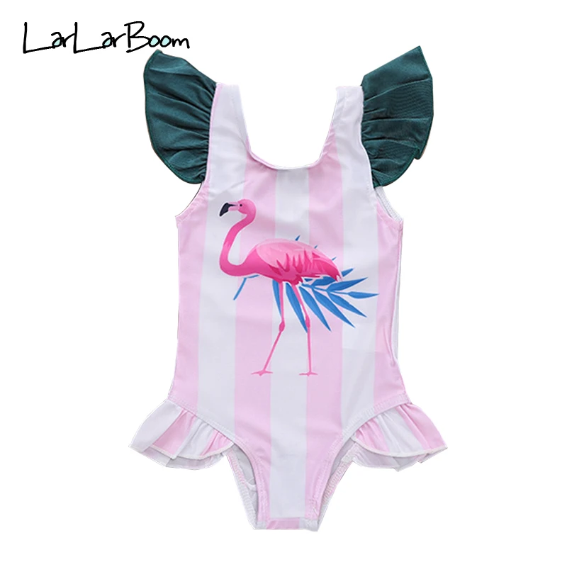 LarLarBoom для маленьких девочек Купальники Симпатичные Фламинго полосатый рисунок Одежда для малышей Лето рукавов цельный Повседневное младенческой купальник