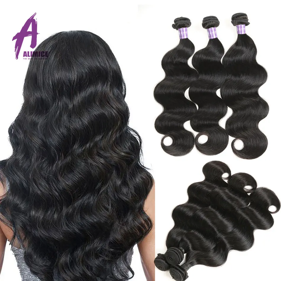 Brazilian Body Wave Hair Bundles 8-30 Inches Human Hair Weave Bundles Natural Black Hair Extensions 1 3 4 Bundles Alimice NoRemy