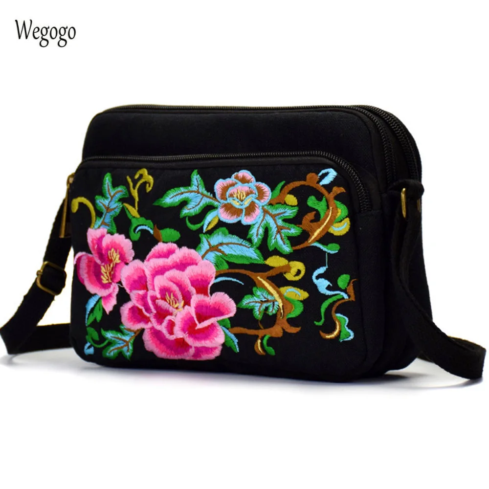 

New Embroidery Bag Floral Crossbody Totes Canvas Three Zipper Travel Beach Phone Coin Bags Black Shoulder Messenger Bag