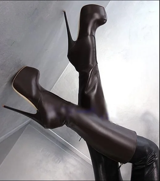 

2019 Winter Europe Style Best-Selling Leather Boots Ultra-High Thin Heels for Women Big Yards Dark Gray High Boots Size 34 to 43