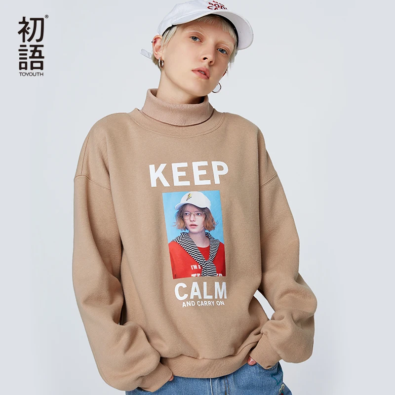

Toyouth Women Short Hoodies Turtleneck Sweatshirts Pullovers Autumn Letters Outwear Long Sleeve Casual Loose Korean Style Tops