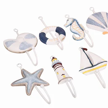 

Fashion Simple Mediterranean Style Wall Hooks Blue Ocean Wooden Hooks Sailboat Lifebuoy Starfish Shape Hanger Hook Home Decor