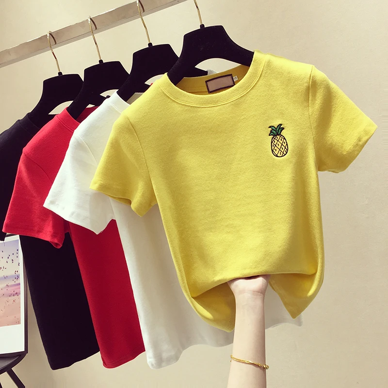 

solid cotton women t-shirts 2019 summer new embroidery slim yellow lady causal elegant top tees fashion outwear tops