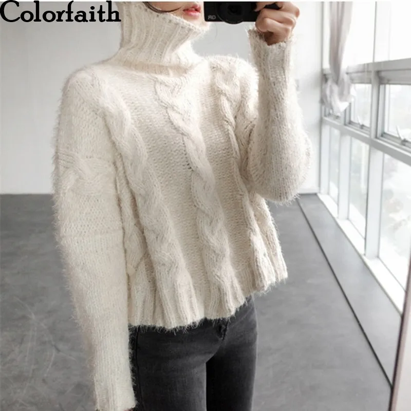

Colorfaith Women Pullover Sweater 2018 Knitting Fashion Autumn Winter Casual Turtleneck Elegant Vintage Ladies Loose Tops SW1156