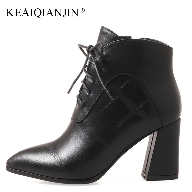 

KEAIQIANJIN Woman Lace Up Ankle Boots Autumn Winter Black Punk Boots Plus Size 34 - 42 Genuine Leather Red Pointed Toe Boots