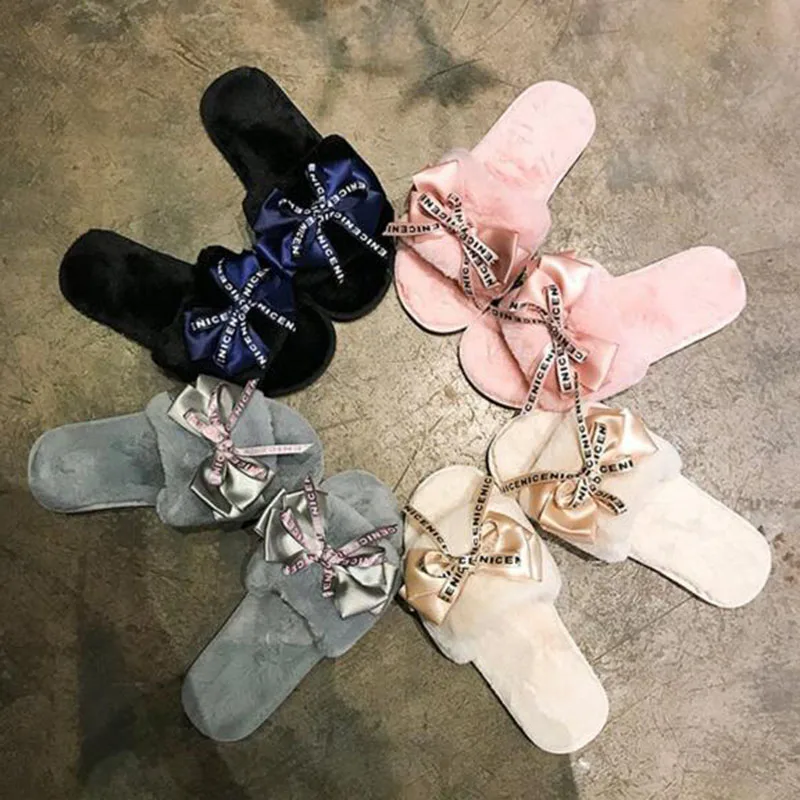 

Korean Women Ladies Fashion Flats Single Shoes Slipper Short Plush Breathable Open-toe Comfortable Butterfly-knit Design Slipper