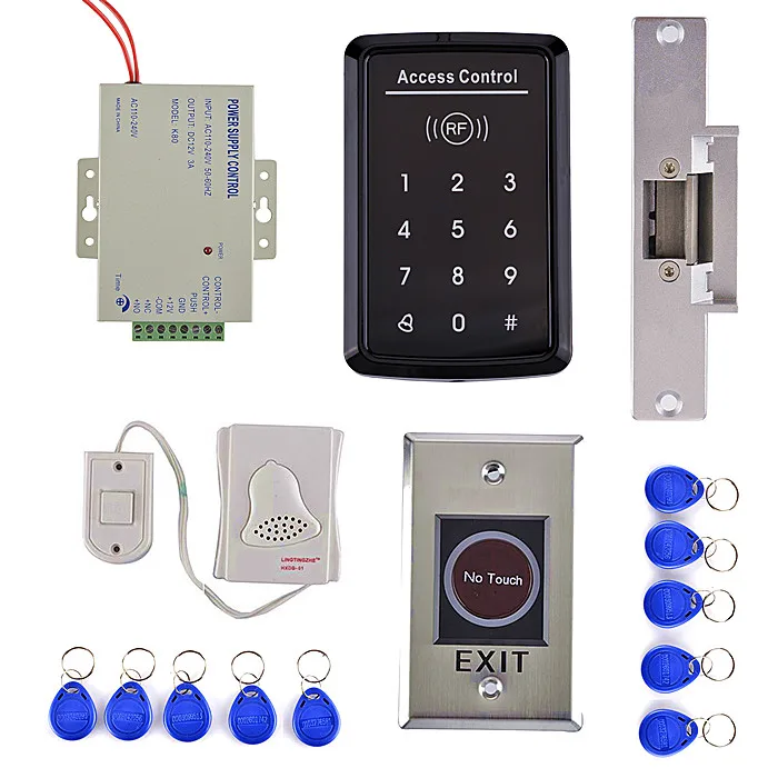 

Electric Strike Door Lock+Stainless Steel NO Touch Door Button+ EM Card Touch Button Door Access Control Kit +10 RFID Card