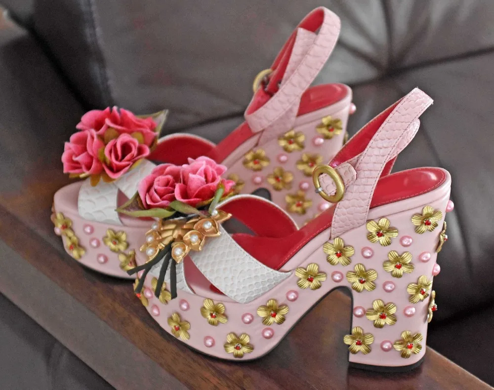 

Woman Pink Flower Decorations Platform Sandal Open toe Crystal Rivets Chunky Heels Summer Sandal Bride Dress Shoes Free Ship