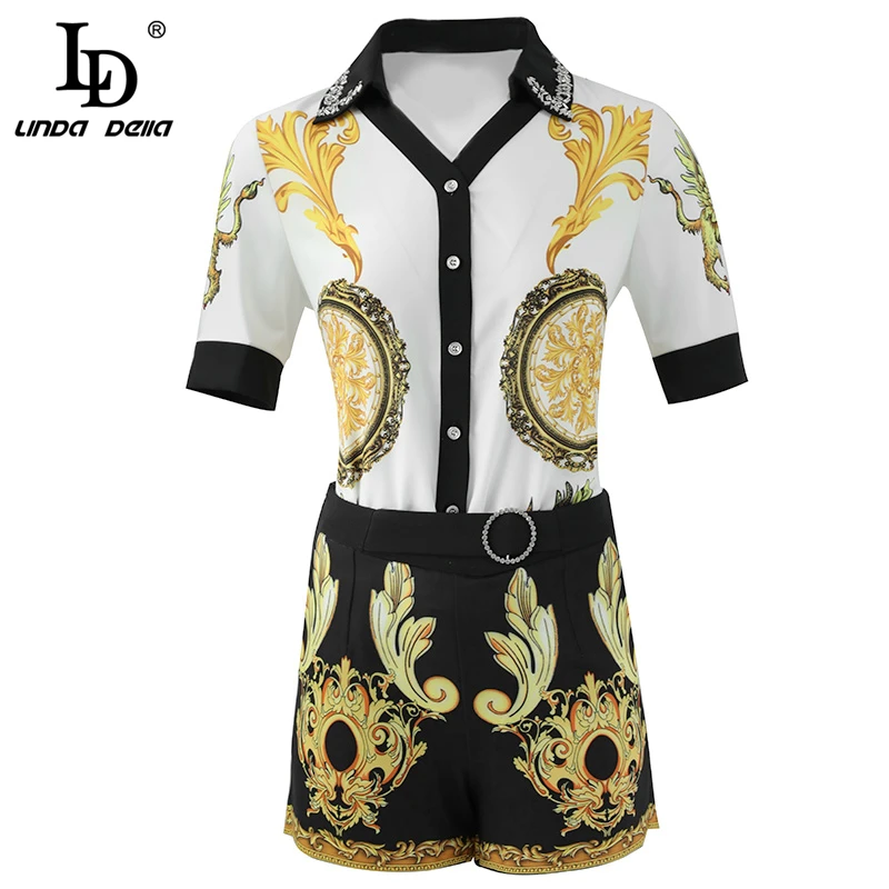 LD Linda della Модные летние костюмы Для женщин короткий рукав с v-образным вырезом Бисер футболка и Винтаж с надписями штаны Двойка набор